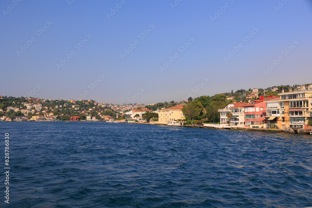 Turquoise blue sea water. View of the Bosphorus in Istanbul city on sunny summer day, in a public place.