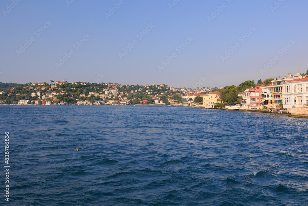 Turquoise blue sea water. View of the Bosphorus in Istanbul city on sunny summer day, in a public place. Turquoise blue sea water. View of the Bosphorus in Istanbul city on sunny summer day, in a public place.