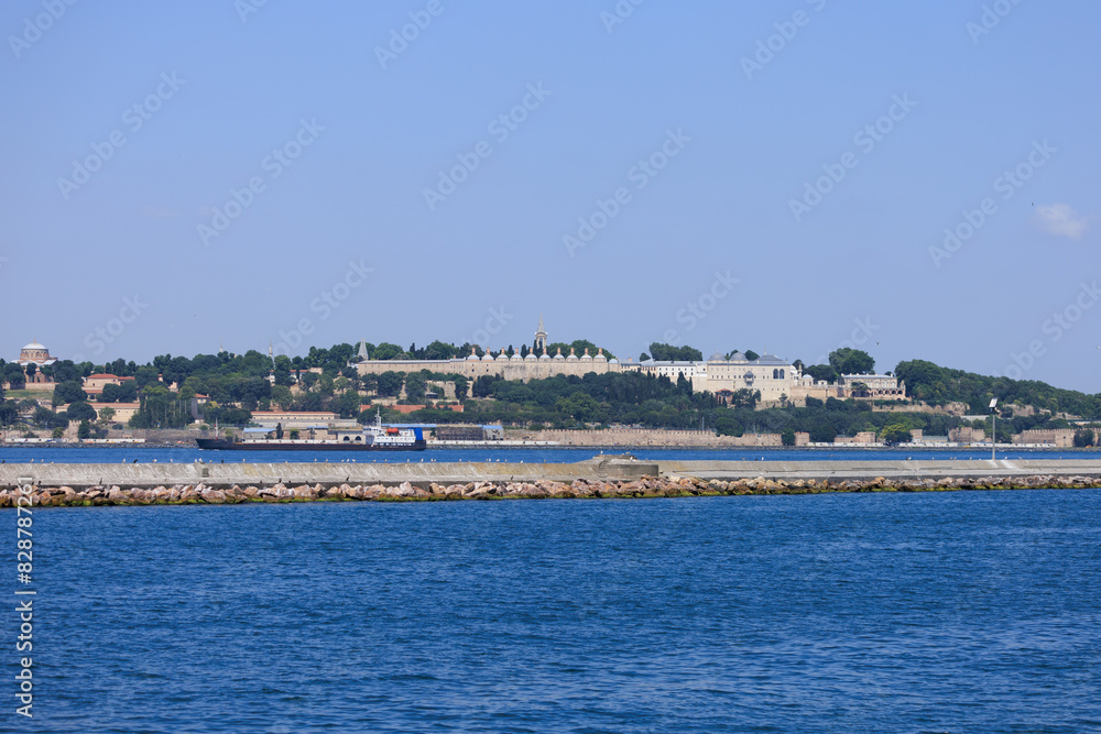 Blue seascape overlooking the coast. View of the Bosphorus in Istanbul city on sunny summer day, in a public place. Blue seascape overlooking the coast. View of the Bosphorus in Istanbul city on sunny summer day, in a public place.