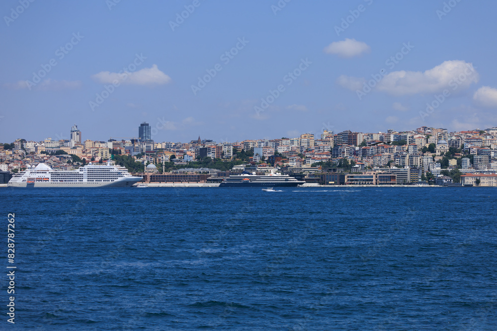 Blue seascape overlooking the coast. View of the Bosphorus in Istanbul city on sunny summer day, in a public place. Blue seascape overlooking the coast. View of the Bosphorus in Istanbul city on sunny summer day, in a public place.