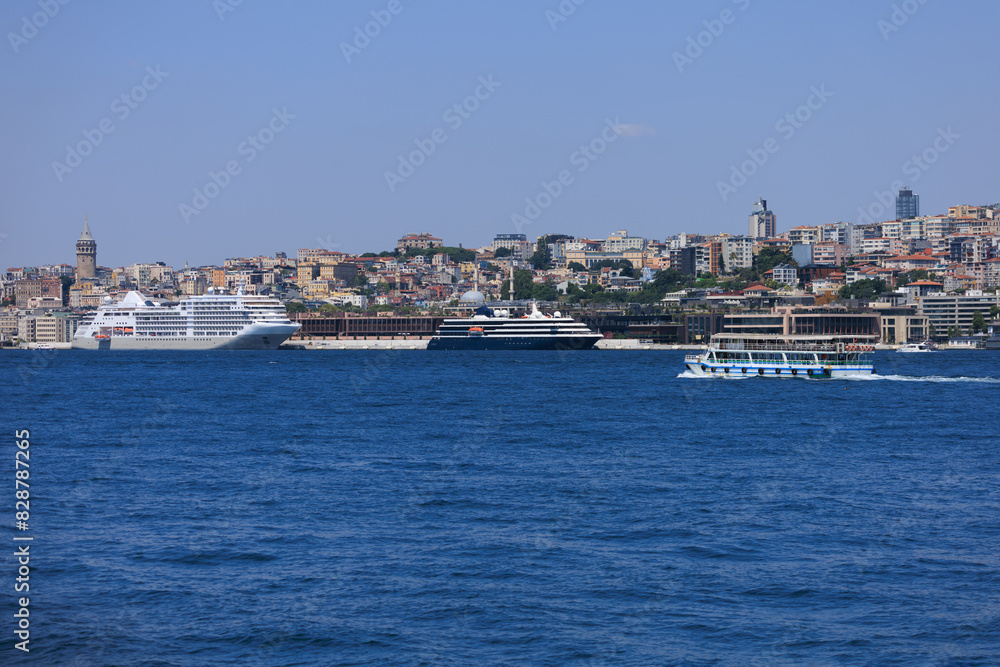 Blue seascape overlooking the coast. View of the Bosphorus in Istanbul city on sunny summer day, in a public place. Blue seascape overlooking the coast. View of the Bosphorus in Istanbul city on sunny summer day, in a public place.