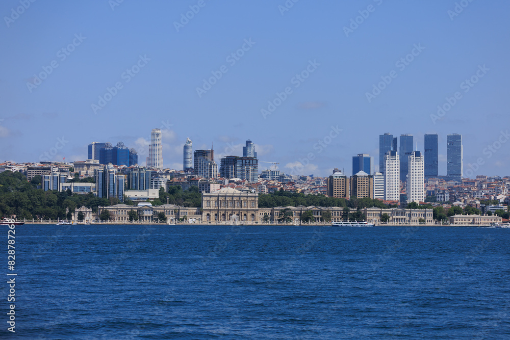 Blue seascape overlooking the coast. View of the Bosphorus in Istanbul city on sunny summer day, in a public place. Blue seascape overlooking the coast. View of the Bosphorus in Istanbul city on sunny summer day, in a public place.