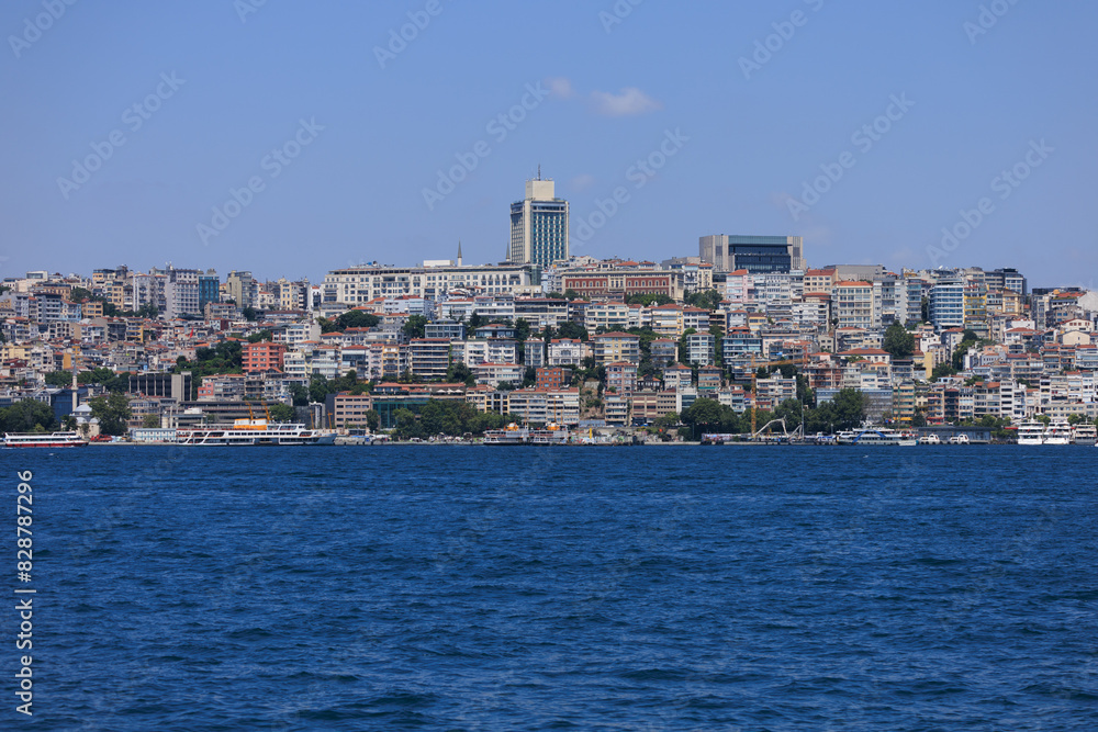 Blue seascape overlooking the coast. View of the Bosphorus in Istanbul city on sunny summer day, in a public place. Blue seascape overlooking the coast. View of the Bosphorus in Istanbul city on sunny summer day, in a public place.
