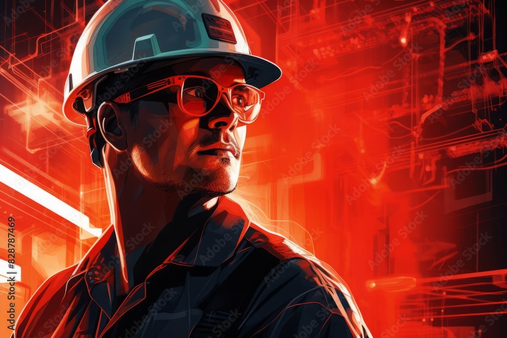 A dynamic illustration of an electrician with a red hard hat and sunglasses, focused on an electrical blueprint in a hightech industrial setting, highlighting the blend of technical skill and thorough A dynamic illustration of an electrician with a red hard hat and sunglasses, focused on an electrical blueprint in a hightech industrial setting, highlighting the blend of technical skill and thorough