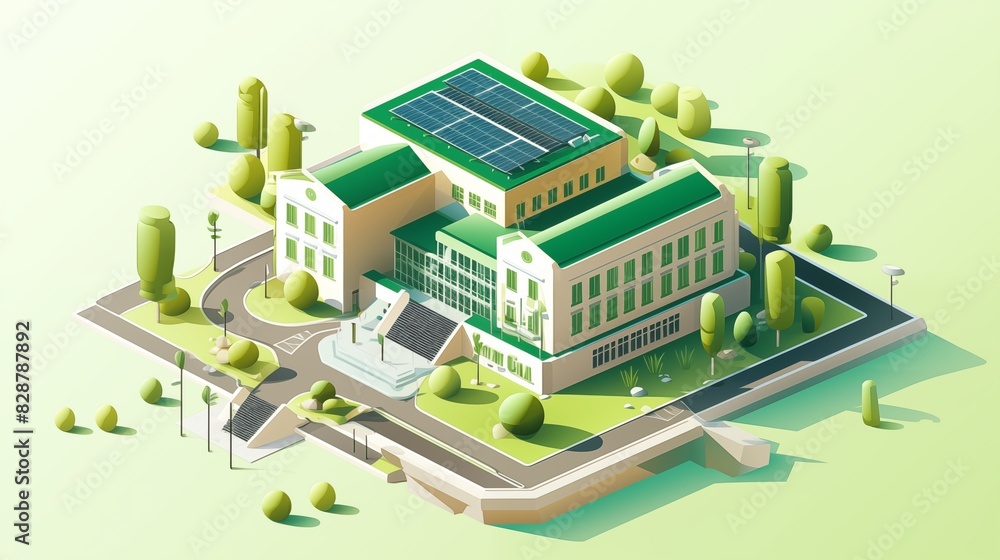 Isometric vector image of a green-certified university building with sustainable features