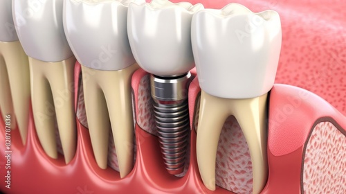 An informative illustration depicting a dental implant fixed into the jaw, adjacent to natural teeth, demonstrating the procedure and benefits of dental implants in restorative dentistry photo