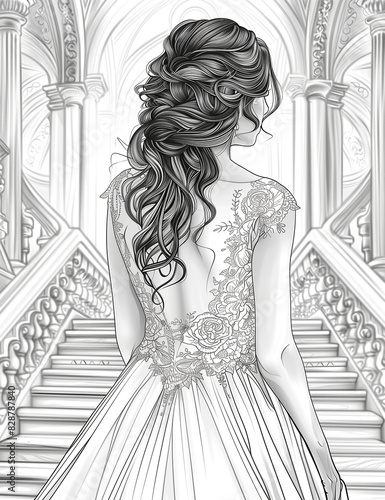 A woman in a white dress is standing in front of a staircase
