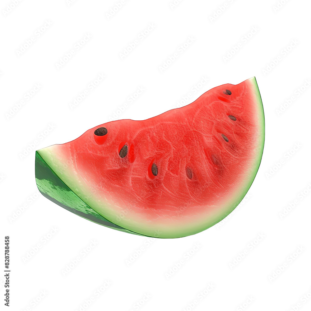 A fresh, juicy slice of watermelon with black seeds. Isolated on a black background.