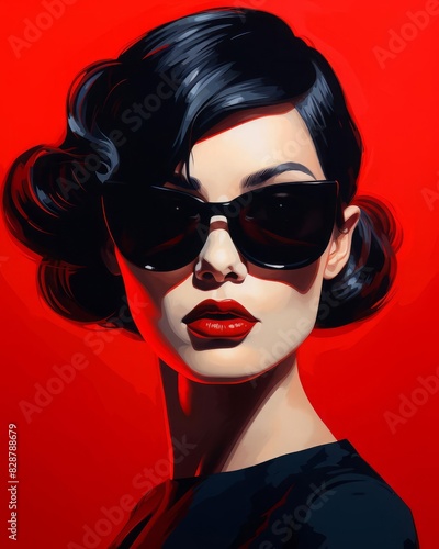 A chic and edgy portrait of a woman wearing dark sunglasses and vibrant red lipstick, with a red background, highlighting themes of confidence, style, and contemporary fashion