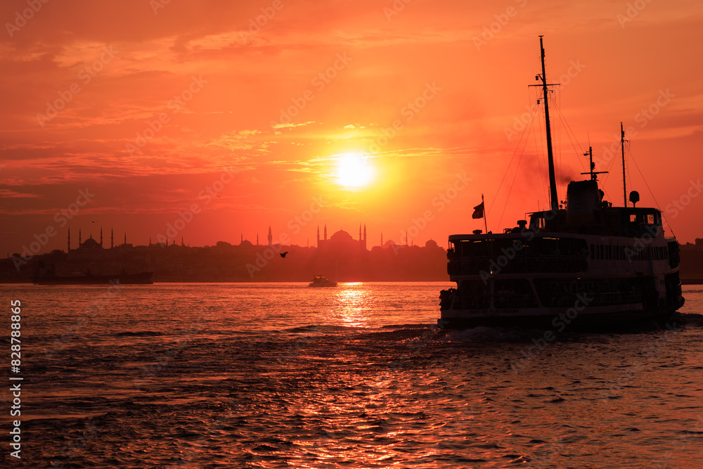 Fototapeta premium Evening sea view and ships, Seascape overlooking the coast of Turkey