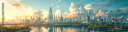 Futuristic city with floating buildings  whole city surrounded by a big barrier