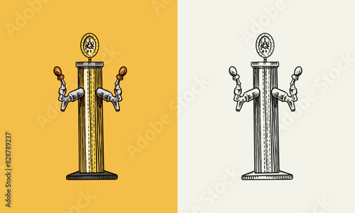 Beer tap front view. Classical alcohol for production, brewery, pub or bar.Engraved in ink hand drawn in old sketch for oktoberfest. Vintage style.
