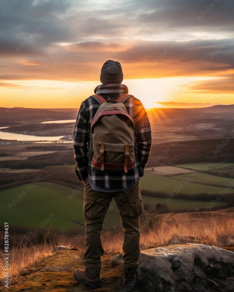 A solo hiker with a large backpack, wearing a beanie and plaid shirt, stands gazing at a breathtaking sunset over rolling hills, capturing the essence of adventure, exploration, and the beauty of natu A solo hiker with a large backpack, wearing a beanie and plaid shirt, stands gazing at a breathtaking sunset over rolling hills, capturing the essence of adventure, exploration, and the beauty of natu