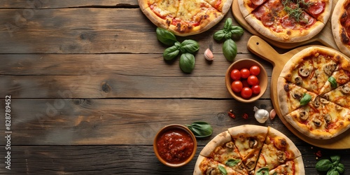 Top view of various pizzas with different toppings on a rustic wooden table, perfect for food enthusiasts