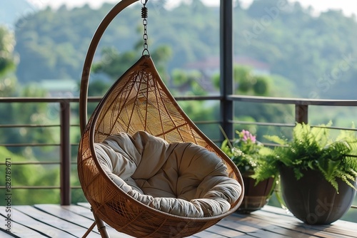 On a balcony sits a hanging chair, providing vistas of a charming landscape, instilling a sense of calmness and outdoor enjoyment. Embracing a cozy and tranquil setting. photo