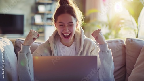 Wallpaper Mural Happy excited young woman with laptop at home sitting on a couch, received good news, got promotion, finished project, generative ai Torontodigital.ca