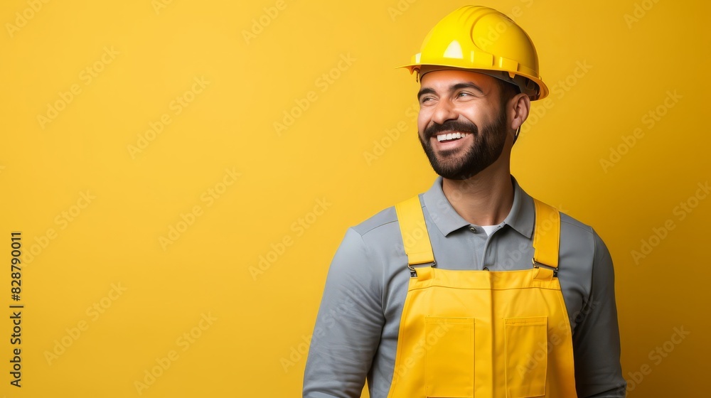 A positive and friendly construction worker in a yellow hard hat, wearing overalls, smiling warmly against a yellow background, emphasizing the human side of the building industry A positive and friendly construction worker in a yellow hard hat, wearing overalls, smiling warmly against a yellow background, emphasizing the human side of the building industry