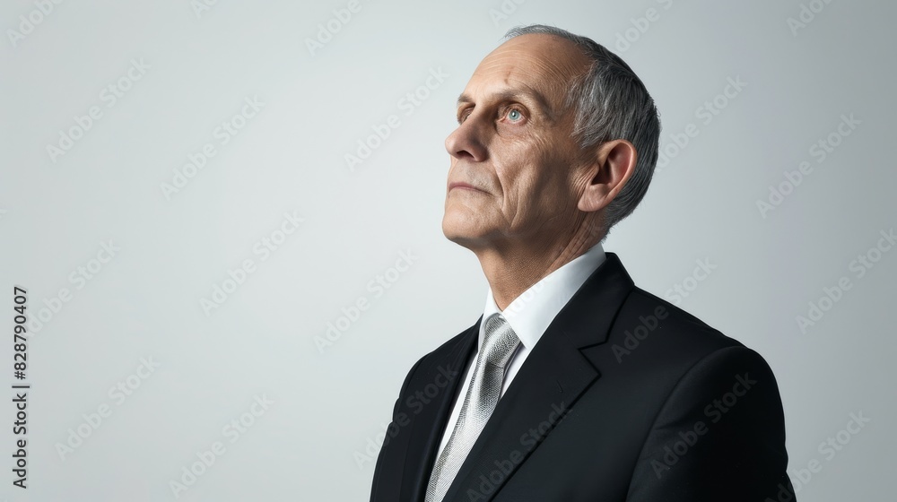 A distinguished portrait of a male financial advisor in a classic black suit and silver tie. A distinguished portrait of a male financial advisor in a classic black suit and silver tie.