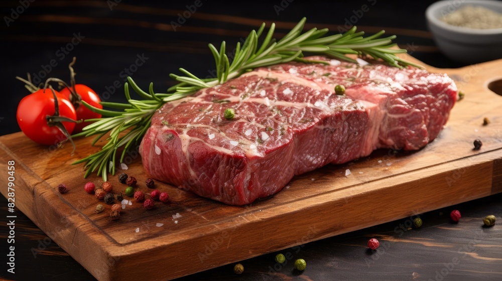 A highquality raw steak with perfect marbling, set on a wooden board with fresh produce and herbs, ready for gourmet cooking, representing premium ingredients and culinary artistry A highquality raw steak with perfect marbling, set on a wooden board with fresh produce and herbs, ready for gourmet cooking, representing premium ingredients and culinary artistry
