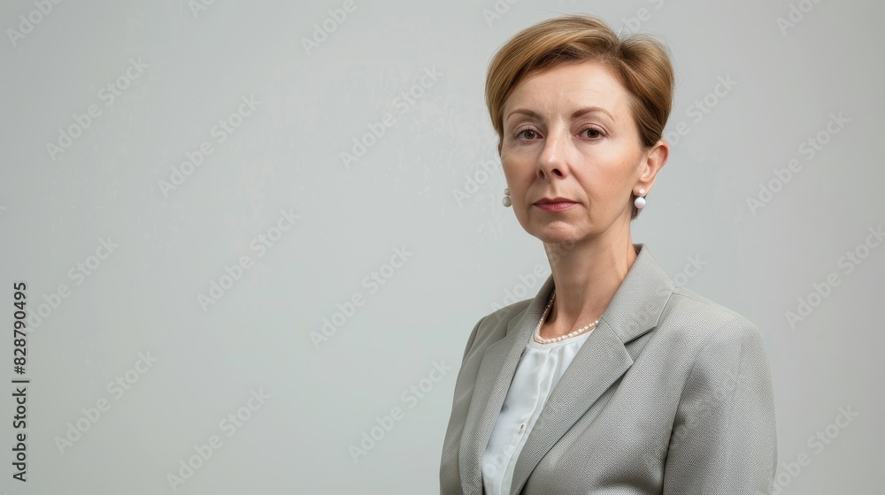 A classic portrait of a female accountant in a light grey suit and pearl earrings. A classic portrait of a female accountant in a light grey suit and pearl earrings.
