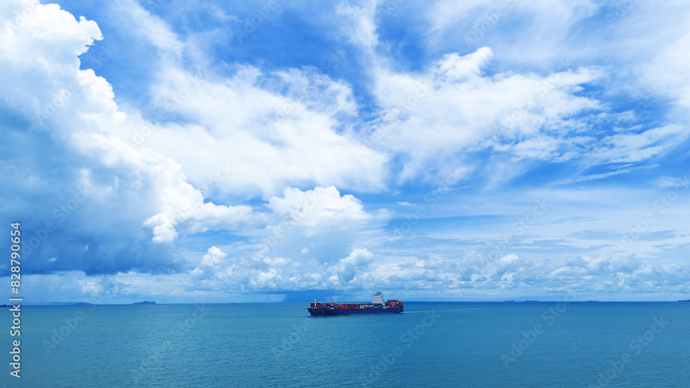 Side Cargo container ship on beautiful sky cloud carrying container and running out international container port customs shipyard sea port concept smart logistic Side Cargo container ship on beautiful sky cloud carrying container and running out international container port customs shipyard sea port concept smart logistic