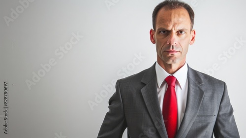 An elegant portrait of a male business leader in a sharp charcoal grey suit and red tie. 