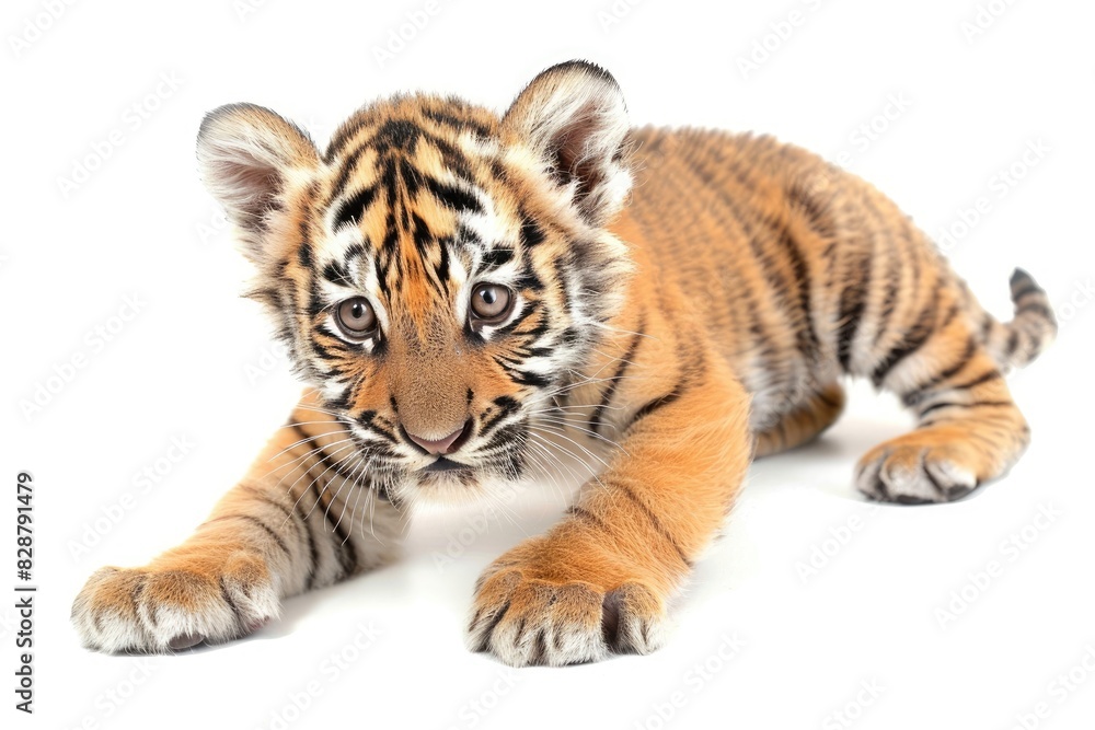Fototapeta premium Adorable baby tiger cub with stripes isolated on white background