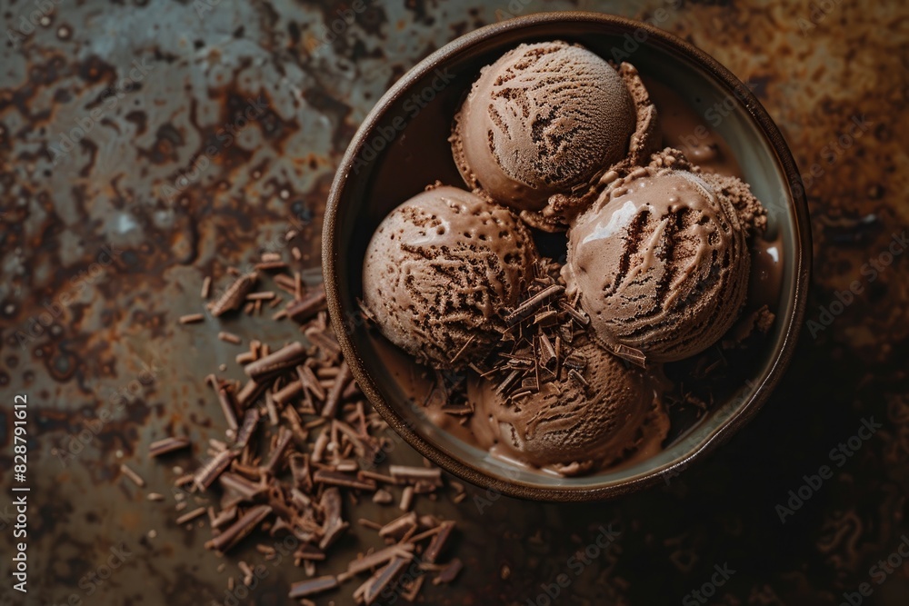 Dark chocolate ice cream with chocolate shavings on a dark brown background Dark chocolate ice cream with chocolate shavings on a dark brown background