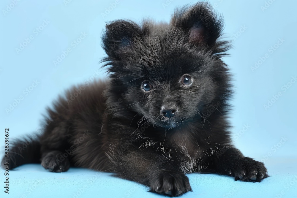 Fluffy Schipperke puppy on a light blue background Fluffy Schipperke puppy on a light blue background