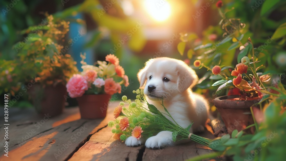 Puppy playing in garden with many flowers Puppy playing in garden with many flowers