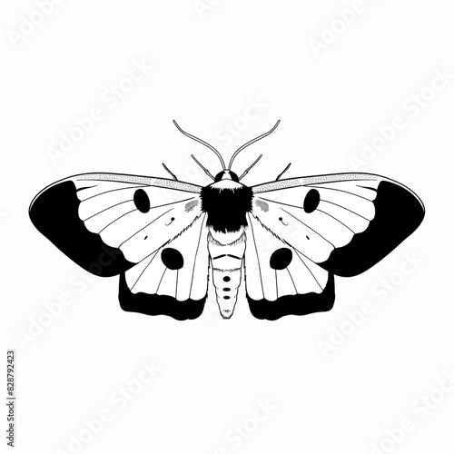 A black and white drawing of a moth, Simple vlack ink outline drawing on a white background. photo