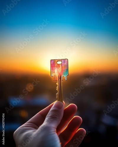 Keychain with keys close up, focus on, copy space colorful and detailed Double exposure silhouette with a hand