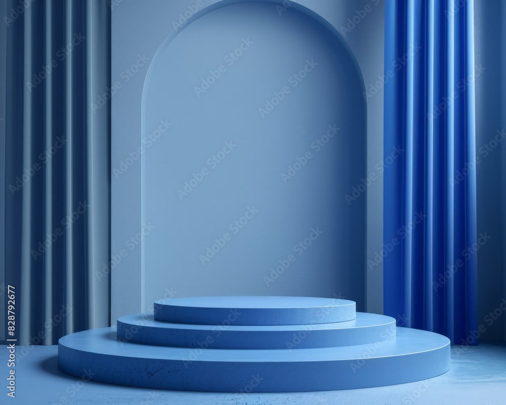 Sleek product podium in light blue and cobalt colors, minimalist design, rule of thirds composition for striking product photography. Sleek product podium in light blue and cobalt colors, minimalist design, rule of thirds composition for striking product photography.