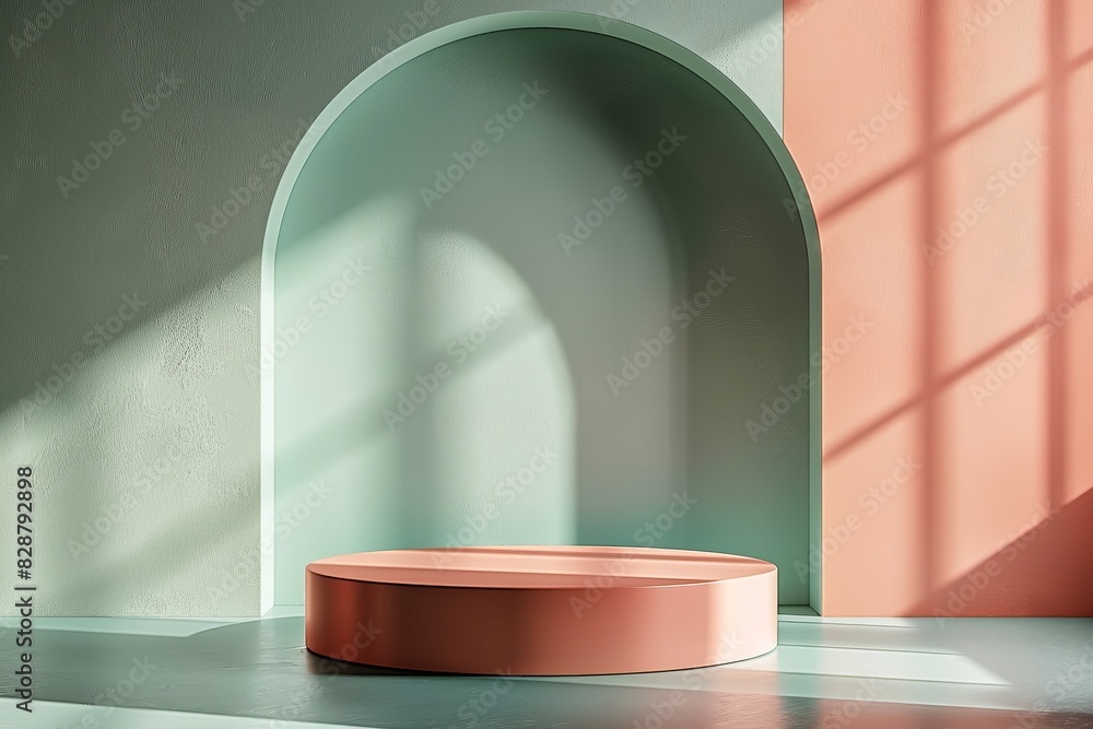 Elegant product podium with pastel olive green and salmon pink colors, minimal and focused on rule of thirds. Perfect for advertising. Elegant product podium with pastel olive green and salmon pink colors, minimal and focused on rule of thirds. Perfect for advertising.