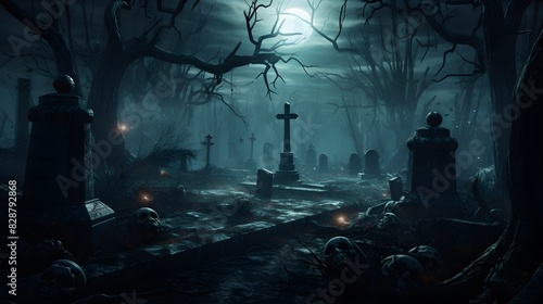 Scary graveyard with tombstones under a full moon. Generative AI. photo