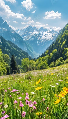 Idyllic alpine landscape in spring with blooming meadows and sunny day in the alps