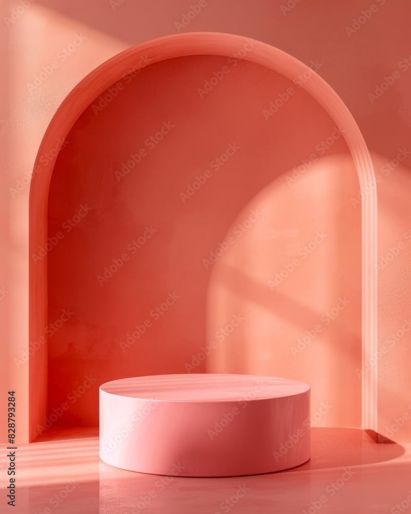 Elegant podium in salmon pink and soft peach, minimal design, Rule of Thirds composition, perfect for product advertisements. Elegant podium in salmon pink and soft peach, minimal design, Rule of Thirds composition, perfect for product advertisements.