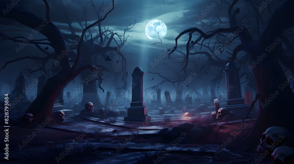Obraz premium Scary graveyard with tombstones under a full moon. Generative AI.
