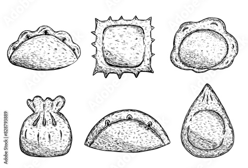 Set with dumpling types for menu in hand drawn sketch style