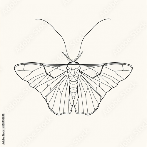 A black and white drawing of a moth, Simple vlack ink outline drawing on a white background. photo