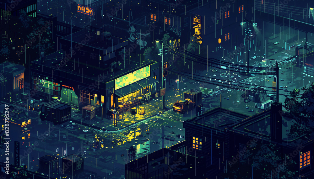 Lofi pixel art of a rainy cyberpunk city street with dark and neon ...