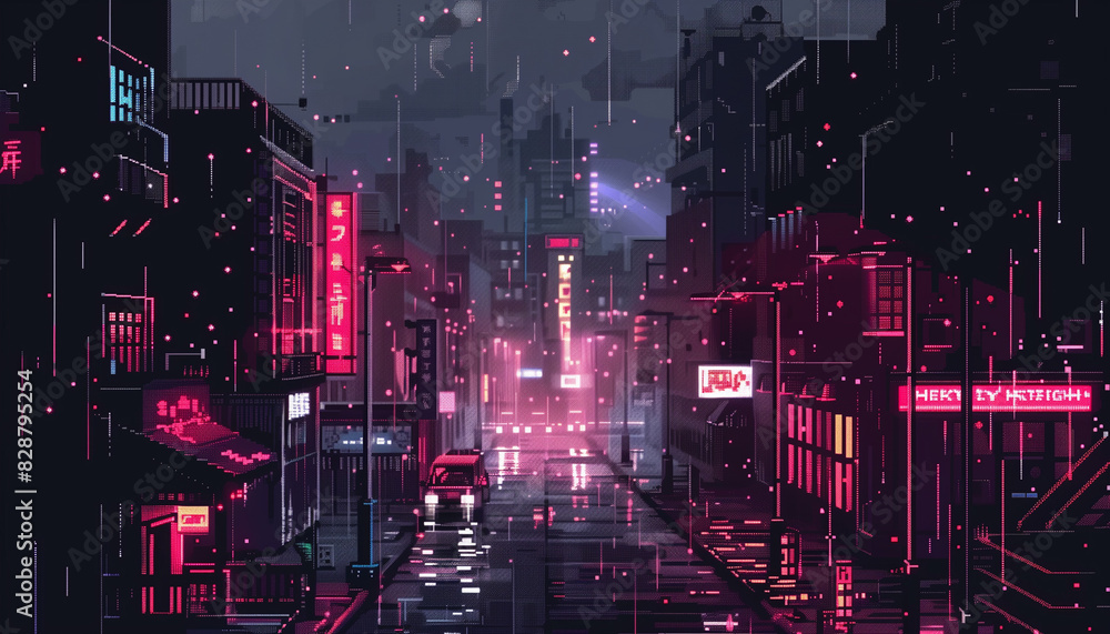 Lofi pixel art of a rainy cyberpunk city street with dark and neon ...