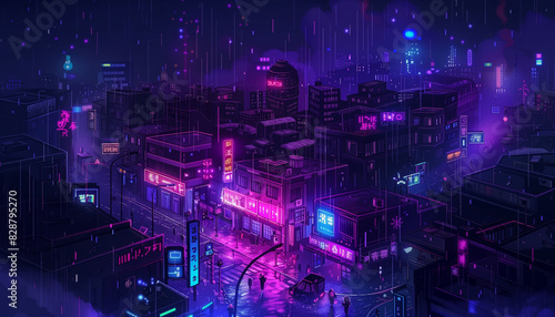 Lofi pixel art of a rainy cyberpunk city street with dark and neon colors