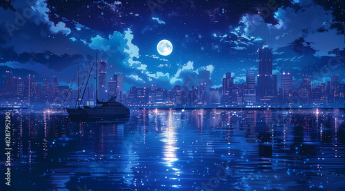 City at night by the ocean in animecore style photo
