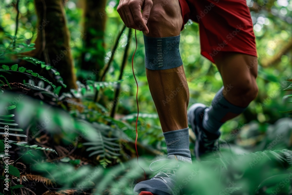 Runner Adjusting Shoe Laces with Compression Gear in Lush Forest for Pain-Reduction and Trail Running Preparation Runner Adjusting Shoe Laces with Compression Gear in Lush Forest for Pain-Reduction and Trail Running Preparation