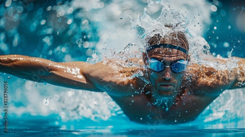 Olympic Swimmer Powerfully Executing Butterfly Stroke in Splashing Water | Strength and Technique in Competitive Swimming