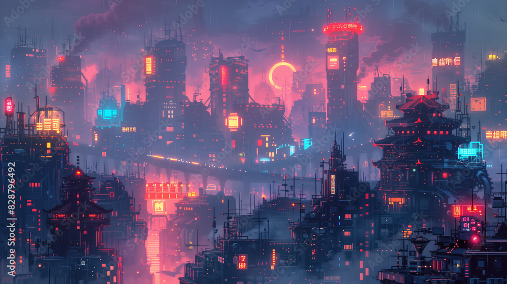 Pixel art of a cyberpunk city, vibrant neon lights and detailed futuristic buildings