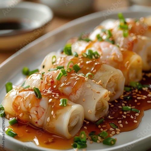 a serving of rice noodles rolls loaded with shrimp, marinated in soy sauce, garnished with sesame seed and chopped spring onion photo