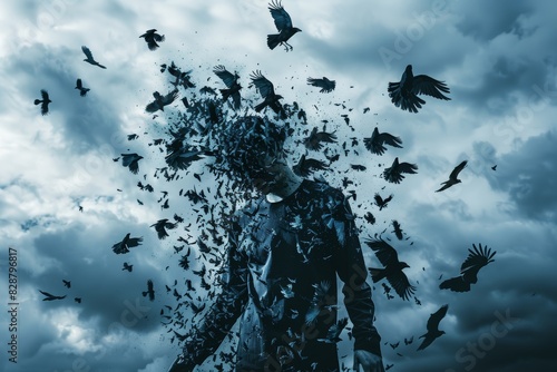 Living Nightmare Concept: Silhouette Disintegrating into Crows in Stormy Skies - Perfect for Horror Themes and Conceptual Art photo