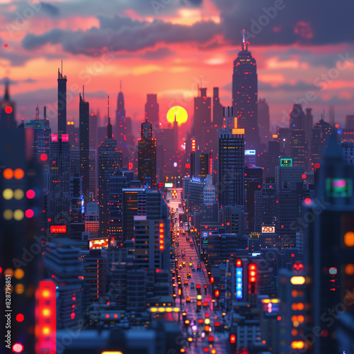 Megacity at dusk in voxel art style